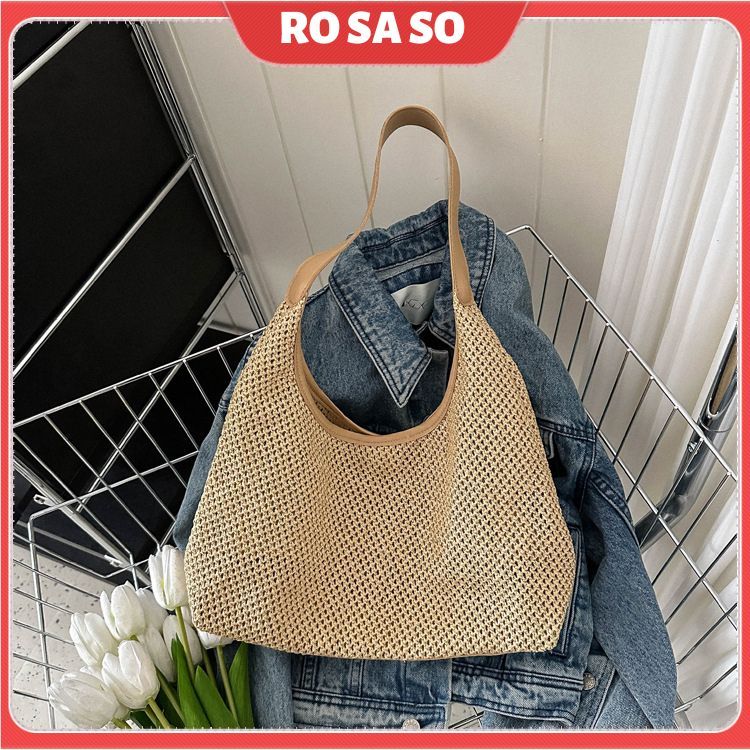 Túi xách nữ cói đi biển kẹp nách to để được nhiều đồ phối dây da vintage cho bạn gái ROSASO TX126