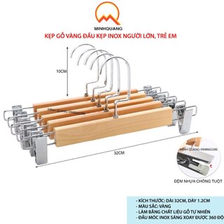 móc treo quần áo, người lớn, trẻ em, kẹp gỗ vàng đầu kẹp làm bằng inox dùng để kẹp quần, chân váy,..