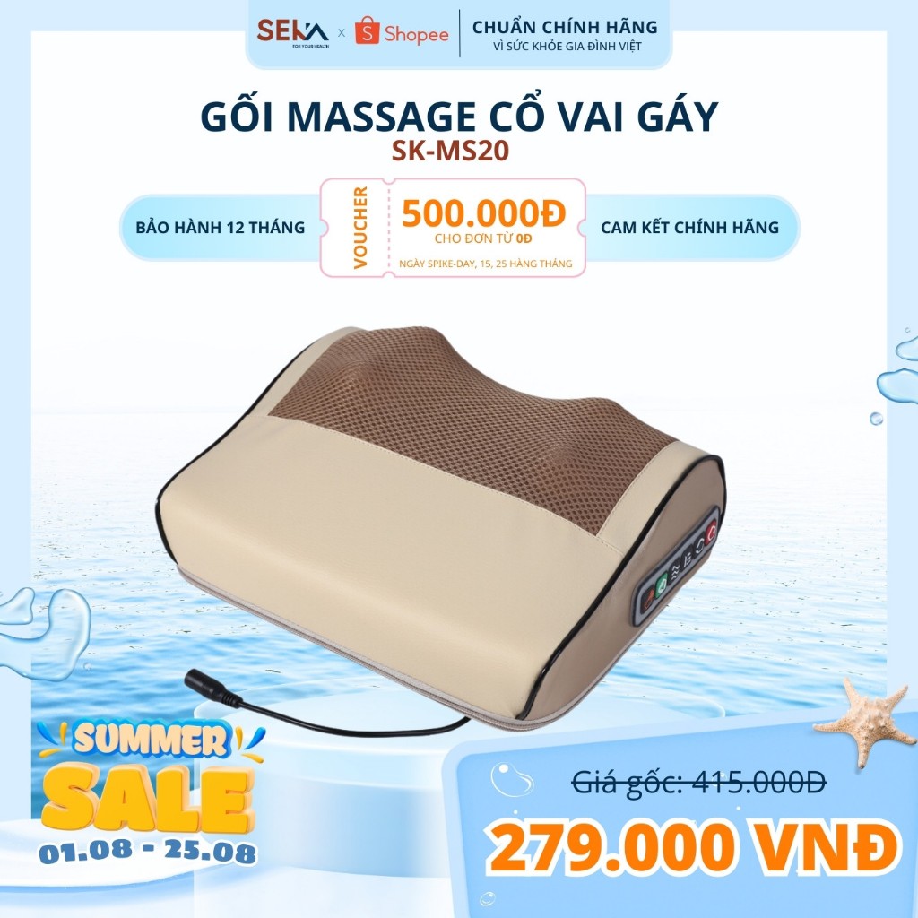 Gối Massage Cổ Vai Gáy MS20 Hồng Ngoại 20 Bi Thế Hệ Mới Màu Trắng Kem Bảo Hành Chính hãng 12 Tháng