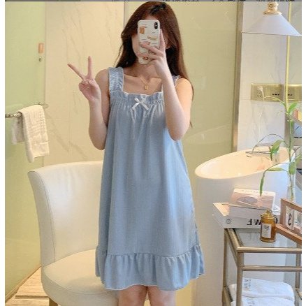 Váy ngủ nữ hai dây trơn đính nơ xinh xắn S2051   Váy mặc nhà   Đồ ngủ nữ   Đầm ngủ mặc nhà nữ