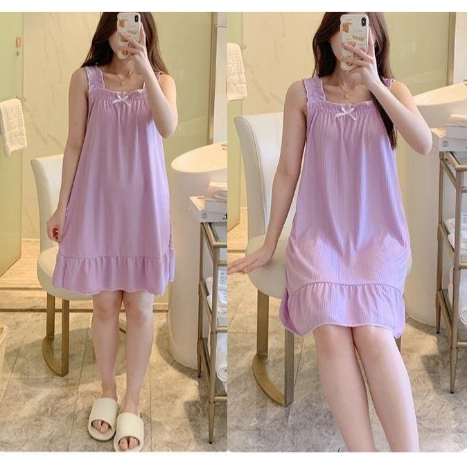Váy ngủ nữ hai dây trơn đính nơ xinh xắn S2051   Váy mặc nhà   Đồ ngủ nữ   Đầm ngủ mặc nhà nữ