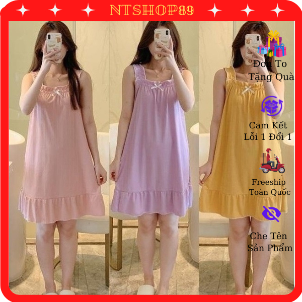 Váy ngủ nữ hai dây trơn đính nơ xinh xắn S2051   Váy mặc nhà   Đồ ngủ nữ   Đầm ngủ mặc nhà nữ