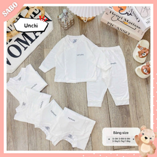 Bộ Quần Áo Dài Tay UNCHI Cúc Bấm Cài Chéo Cho Bé Sơ Sinh 3-8Kg Màu Trắng Chất Thun Lạnh Mềm Mát, Thoải Mái