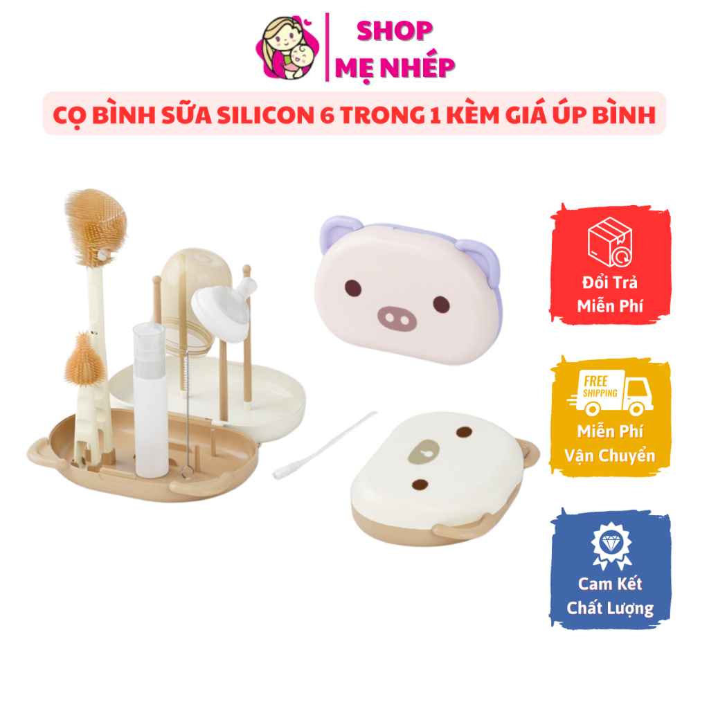 Cọ bình sữa Silicon 6 trong 1 kèm giá úp bình tiện lợi mang đi du lịch