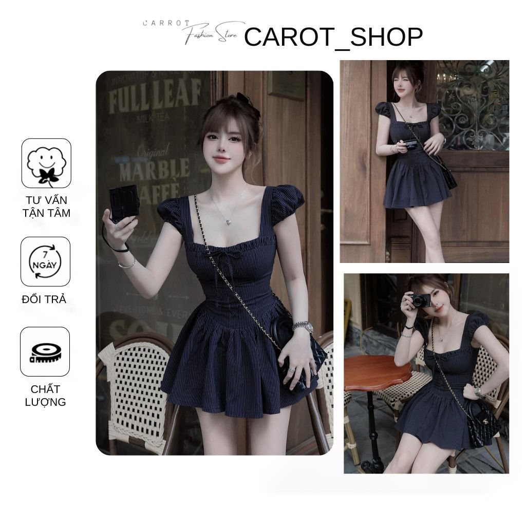 𝐕𝐍𝟎𝟕 ( 𝐁𝐈𝐆𝐒𝐈𝐙𝐄) Đầm tiểu thư cổ tay vuông kẻ sọc phối nơ dễ thương hàn quốc ( 𝐒 => 𝟑𝐗𝐋 - 𝐊𝐄̀𝐌 𝐐𝐔𝐀̂̀𝐍  by CarotShop