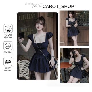 VN07 ( Có Bigsize ) Đầm tiểu thư cổ tay vuông kẻ sọc phối nơ phong cách dễ thương hàn quốc by CarrotShop