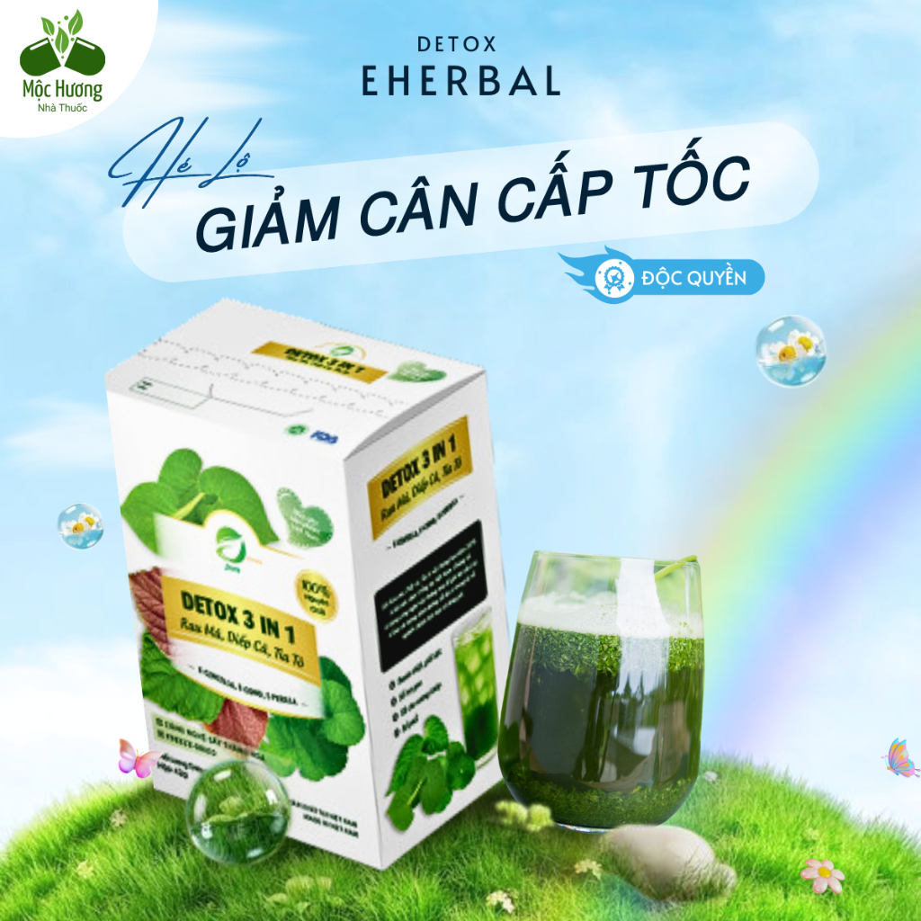 Detox Eherbal (48 gói) 3in1 gồm rau má, diếp cá, tía tô hỗ trợ giảm cân cấp tốc, đẹp da