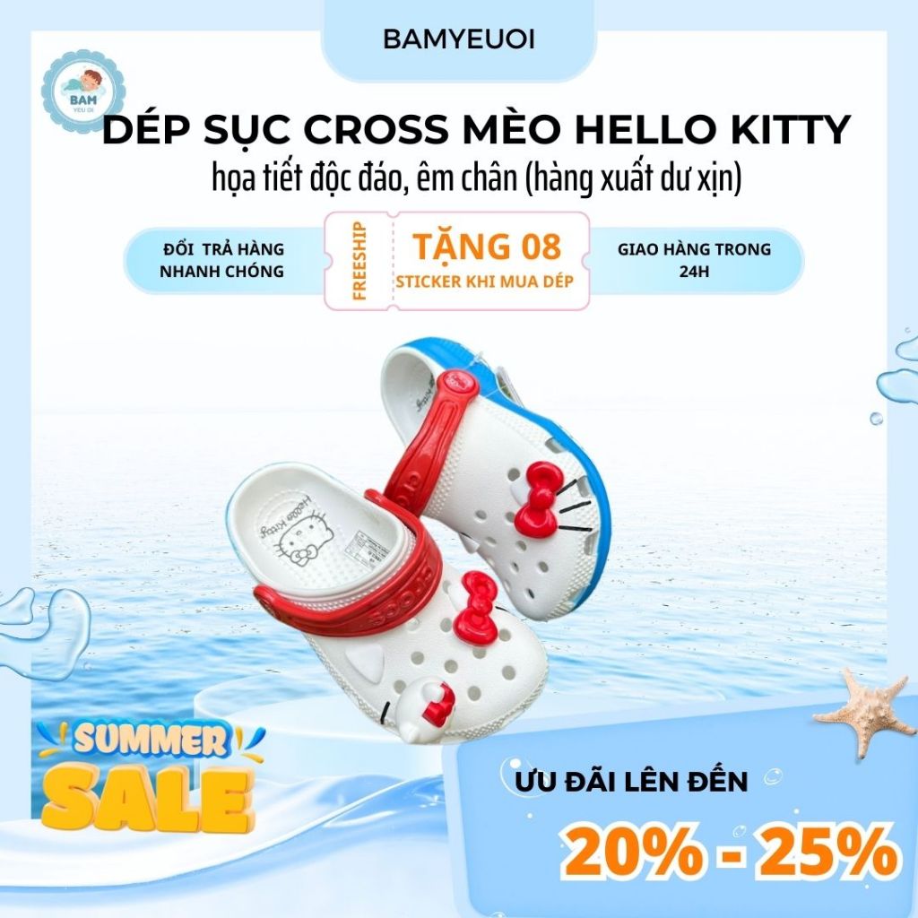 Giày cross trẻ em, sục cross Hello Kitty cho bé gái charm mèo 3D xinh yêu