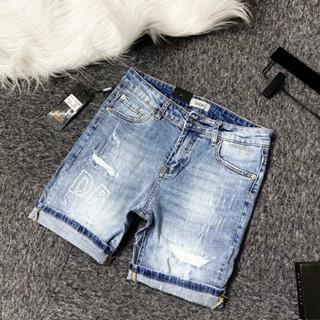 Quần cộc short bò CD wash rách xước loang trắng đùi in chữ DR boy phố