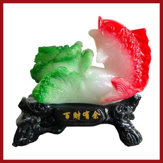 Tượng bắp cải bên cá chép cao 10cm bắp cải may mắn mini phong thủy tài lộc