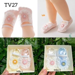 Tất sơ sinh bé gái, hộp 2 đôi tất công chúa cho bé 0-12thang TV27