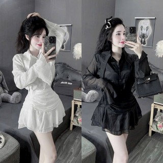 Set áo cổ sơ mi cách điệu tay dài loe kèm chân váy xòe nhùn mini xinh xắn