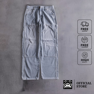 Quần Jeans Ống Suông Double Knee - Thương Hiệu Gori Vietnam - Màu Xanh Trắng Chất Liệu Cao Cấp