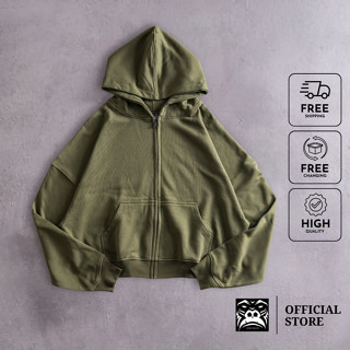 Áo Hoodie Zip Up Gori - Form Boxy - Màu Olive Chất Liêu Cao Cấp