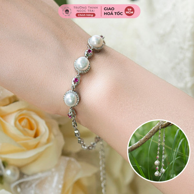 Lắc Tay Bạc 925 Đính Ngọc Trai 7Ly Và Đá Ruby Đỏ Sang Trọng - Ngọc Trai Trường Thịnh