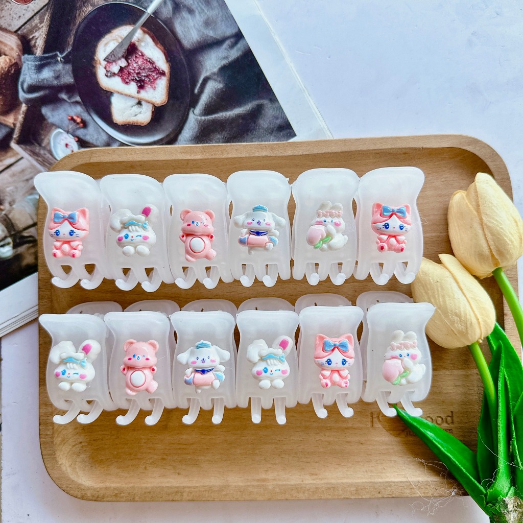 Sỉ Lố 12 Cây Kẹp Tóc Càng Cua Trong Suốt 5 Răng Đính Charm Loopy gấu dâu hoạt hình Phong Cách Siêu D