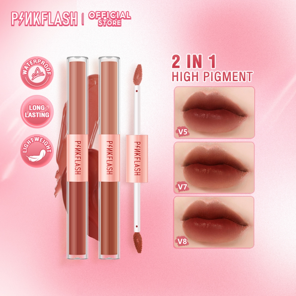 PINKFLASH son môi bộ đôi son môi dạng lỏng matte son môi nhung lip tint nhẹ sắc tố cao kéo dài 2.8g