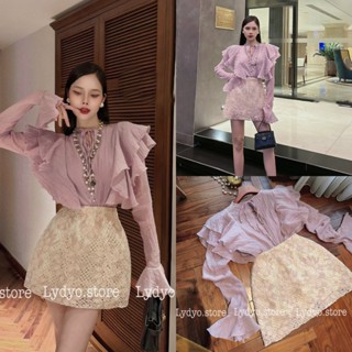 Set váy đầm màu tím, cổ bèo, chân váy phối ren chữ A, áo sơ mi voan tơ bèo dài tay thiết kế cao cấp sang chảnh dự tiệc