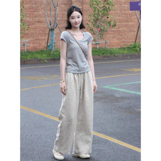 Quần suông nữ form rộng chất linen mềm mịn, cạp chun có dây rút dễ mặc QD09