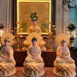 Bộ tượng tây phương tam thánh phật, di đà, đại đế chí bồ tát, quan âm bằng đá màu thạch anh cao cấp