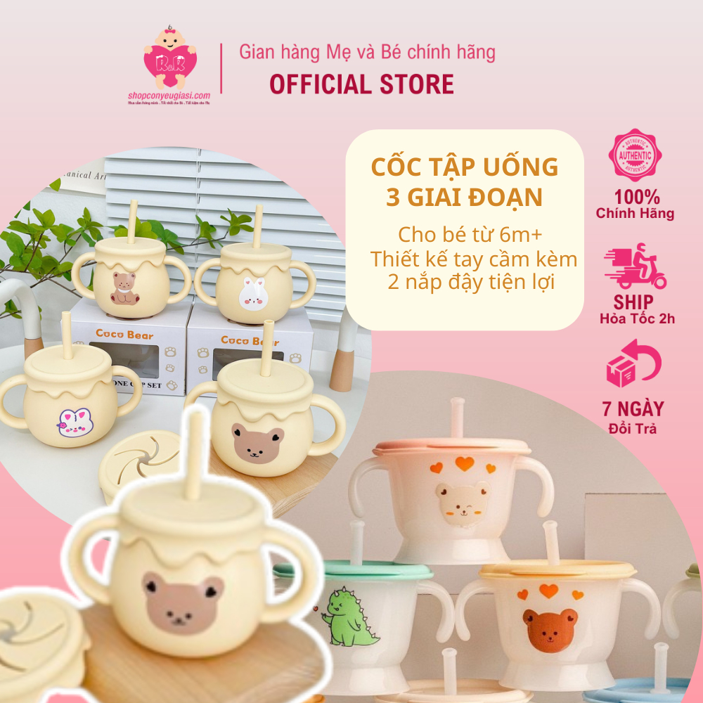 Cốc tập uống nước silicon Cocobear, Mum Bébé cho bé có chức năng đẩy kèm 2 nắp đậy tiện lợi