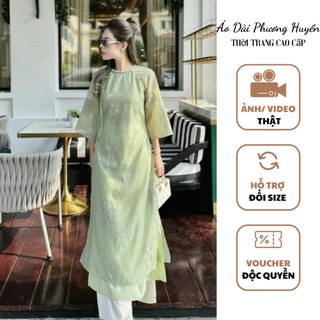 Áo dài cách tân dáng suông thêu hoa quỳnh xanh lá đính kết thủ công, áo dài tết- Áo Dài Phương Huyền