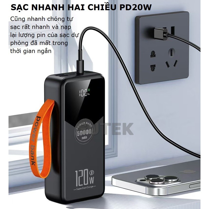 Sạc dự phòng 50000mAh sạc nhanh 22,5w dung lượng pin lớn có dây cắm nhiều điện thoại - Gutek GT230 | BigBuy360 - bigbuy360.vn