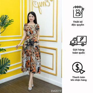 Đầm EMY EM2019 Xoè Lụa Mịn Hoa Cam Loang