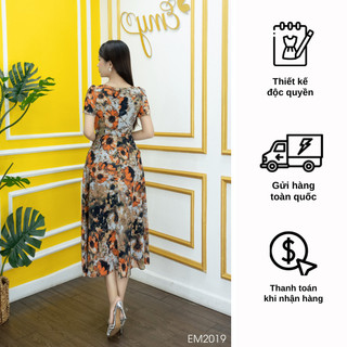Đầm EMY EM2019 Xoè Lụa Mịn Hoa Cam Loang