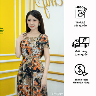 Đầm EMY EM2019 Xoè Lụa Mịn Hoa Cam Loang