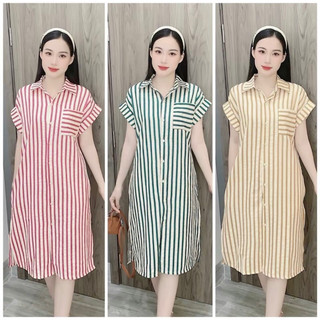Đầm sơ mi kẻ dáng dài vintage phối 2 túi ngực 🔥40-65KG🔥 bigsize váy suông nữ cổ sơ mi cộc tay form rộng maxi biển LUNAS