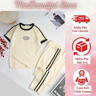  Đồ bộ thun gân tăm lạnh hình thêu MIU sin sò quần dài ống rộng kèm áo siêu xinh 38-68kg 