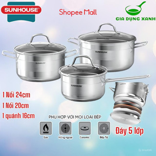 Bộ nồi inox 5 đáy Sunhouse SHG669 vung kính cường lực - dùng với mọi loại bếp