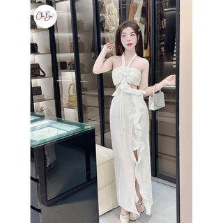 Đầm thiết kế body trắng cúp cổ yếm đính hoa cut eo phối bèo xẻ tà - Chị Ba Boutique