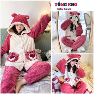Bộ Đồ Ngủ Chất Bông Dày Dặn In Họa Tiết Hoạt Hình Chú Gấu / Dâu Tây Dễ Thương Thời Trang Mùa Đông - TONGKHO