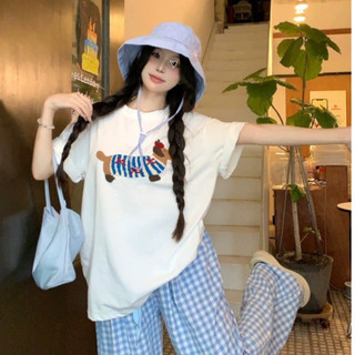 Sét bộ dài nữ quần suông caro ống rộng áo thun cotton in hình thời trang Menina_studio, sét đồ dài đi chơi nữ