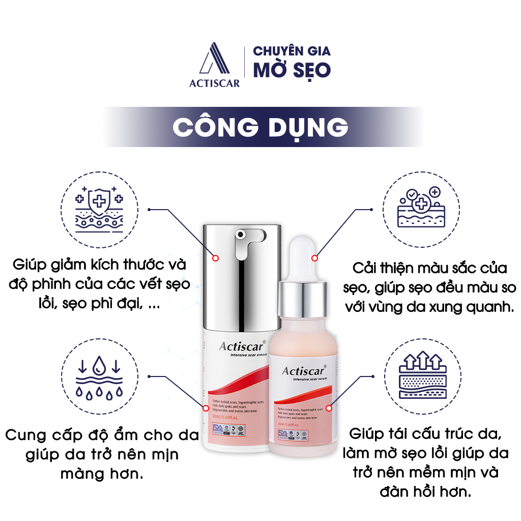 Combo Kem Sẹo Và Serum Sẹo Ngăn Ngừa Sẹo Lồi, Sẹo Phì Đại, Sẹo Thâm Actiscar