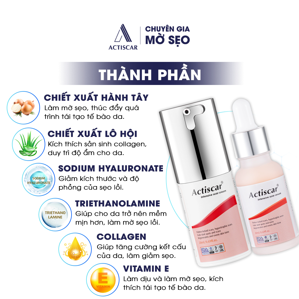Combo Kem Sẹo Và Serum Sẹo Ngăn Ngừa Sẹo Lồi, Sẹo Phì Đại, Sẹo Thâm Actiscar