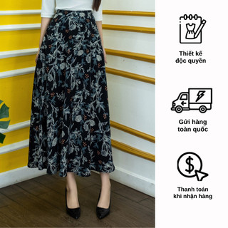 Chân váy emy v7574 xoè nền đen họa tiết hoa