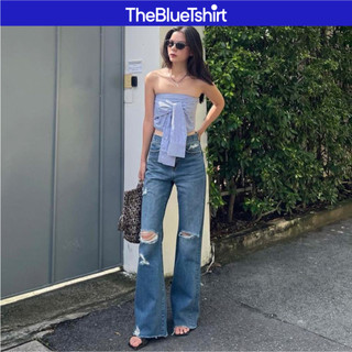 TheBlueTshirt - Quần Jeans Nữ Ống Rộng Rách Gối Màu Đậm - Cheeky Chic Wide Leg Jeans - Dark Blue Wash