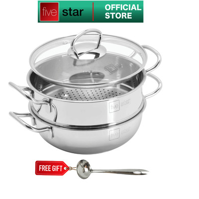 Bộ 2 Nồi lẩu xửng hấp cao cấp FIVESTAR 3 đáy từ nắp kính 24cm / 26cm / 28cm , tặng 1 vá canh