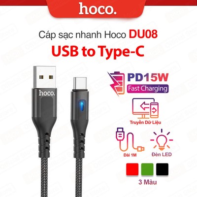 Cáp sạc nhanh PD15W USB to Type-C Hoco DU08/DU08 Plus dây bọc dù chống đứt, gẫy gập, có đèn LED dài 1M/2M