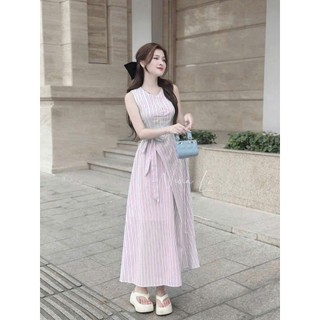 Đầm Linen Kẻ Sọc Buộc Dây Eo Váy Sát Nách Dáng Xòe Dài Sang Trọng, Thanh Lịch