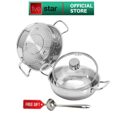 Nồi lẩu xửng hấp FIVESTAR 3 đáy từ nắp kính ( 24cm / 26cm / 28cm ) , tặng 1 vá canh