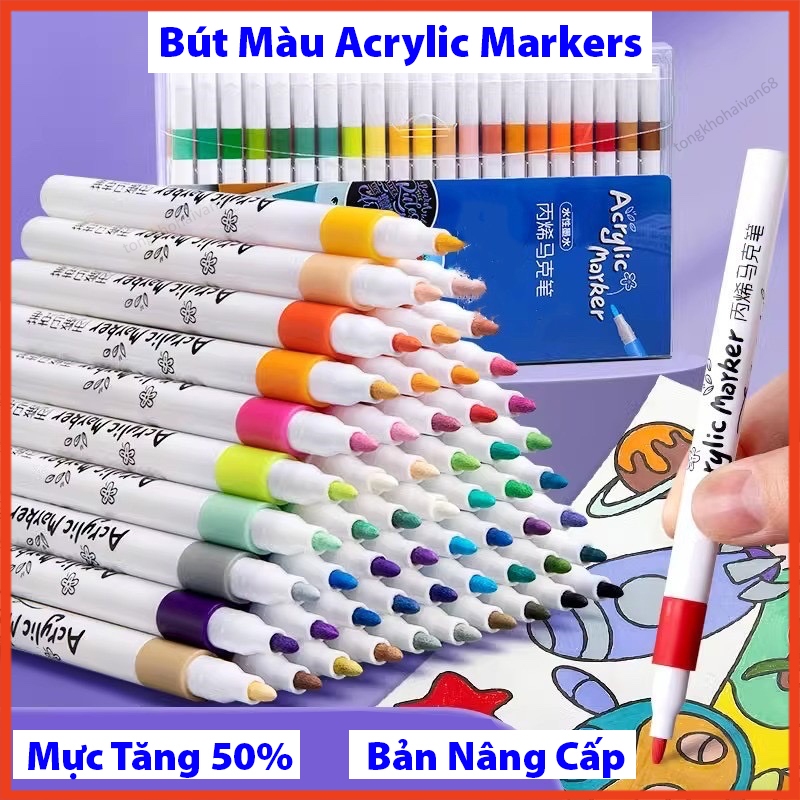 Hộp 60 Bút Màu Acrylic Make Cao Cấp Chống Nước Màu Sắc Tươi Sáng, Bút Lông Màu Vẽ Trên Mọi Chất Liệu