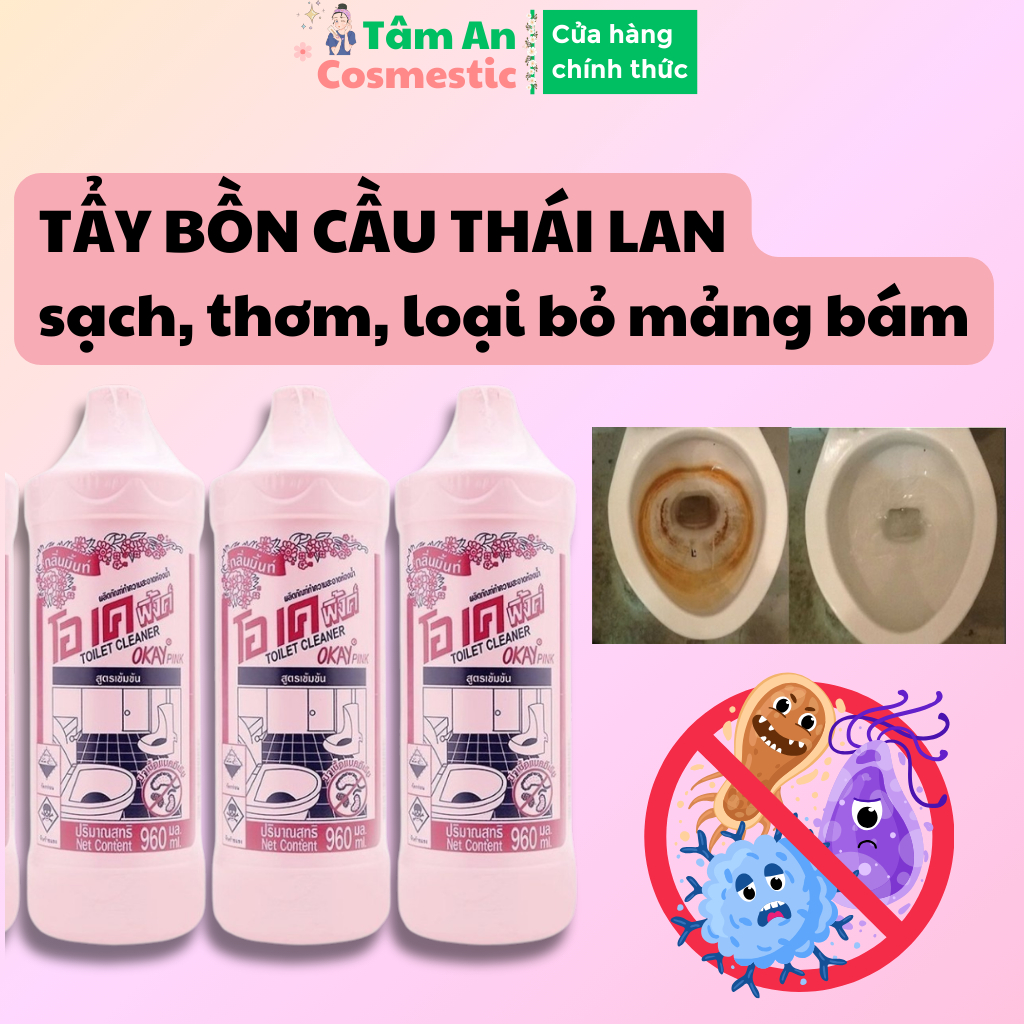 Nước Tẩy Rửa Bồn Cầu Toilet Okay Pink Thái Lan 960mL, Tẩy Bồn Cầu Siêu Thơm, Tẩy Toilet Okay Thái La