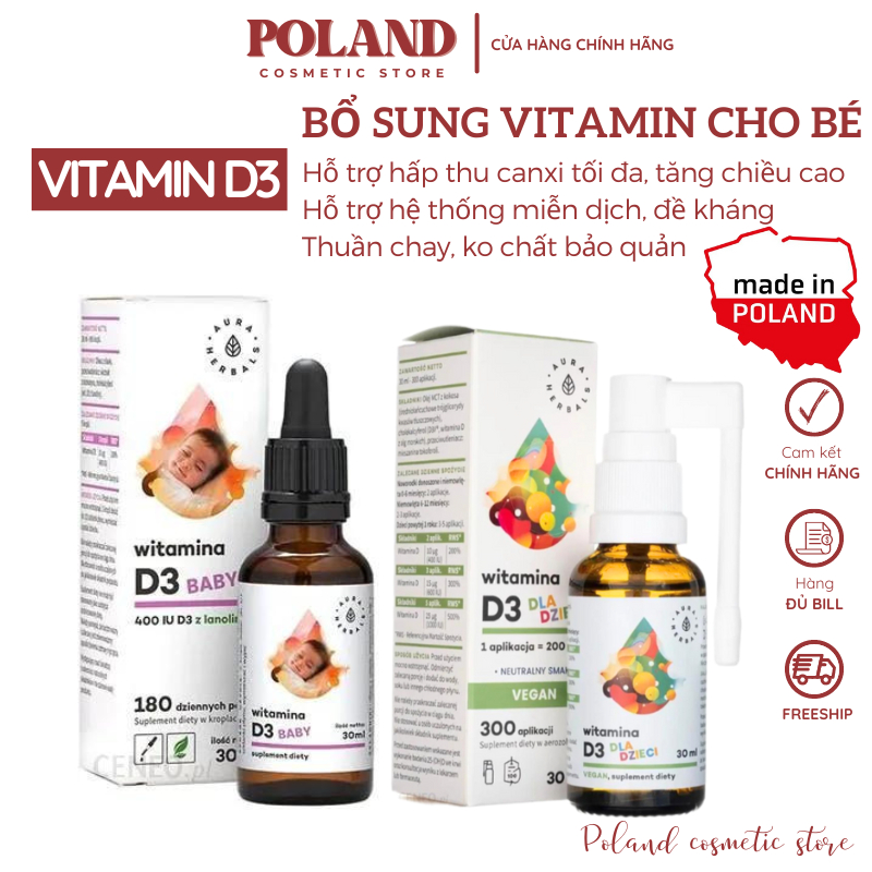 Vitamin D3 400IU Aura Herbals Vegan cho trẻ sơ sinh, trẻ em hỗ trợ phát triển chiều cao cho bé 30ML