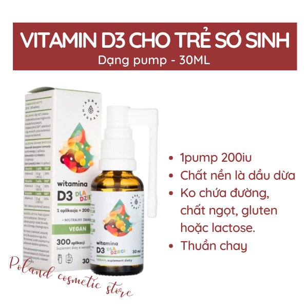 Vitamin D3 400IU Aura Herbals Vegan cho trẻ sơ sinh, trẻ em hỗ trợ phát triển chiều cao cho bé 30ML