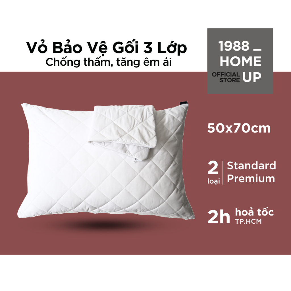 Vỏ Bảo Vệ Ruột Gối 3 Lớp Chống Thấm, Êm Ái 50X70Cm Cao Cấp - 1988 Home Up, Ngăn Mùi, Ngăn Gối Ố Vàng