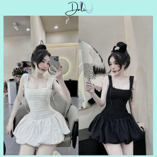 Váy 2 Dây Buộc Nơ Bo Chun Nhún Thân Chất Liệu Thô Dáng Xoè Bồng Hot Girl Tặng Kèm Quần Trong